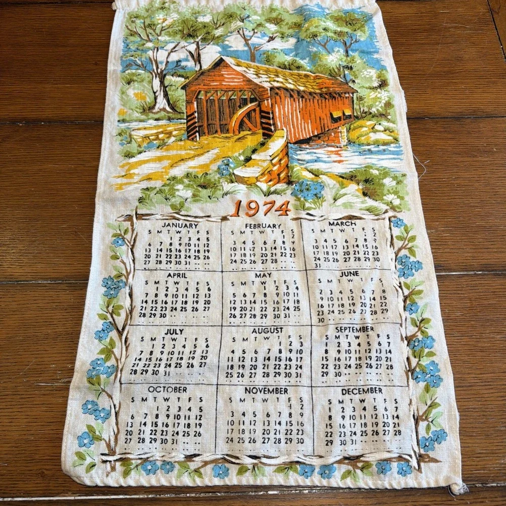 Vtg 1974 Covered Bridge Linen Tea Towel
